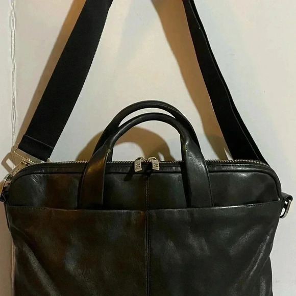 Knomo  unisex black leather messenger laptop briefcase bag - Picture 9 of 13